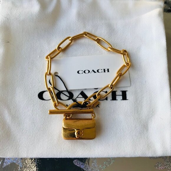 COACH MINI TABBY HANDBAG CHARM Matte Gold Tone Brass  Chain Bracelet  NWT - Picture 7 of 9